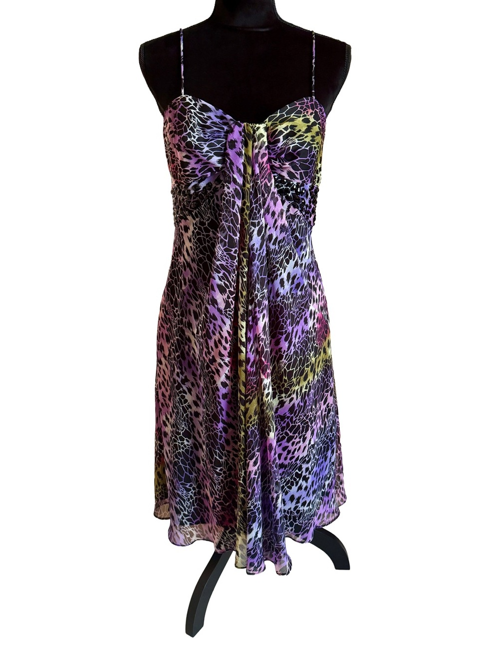 Alex Evenings Y2K Purple Animal Leopard Print Beaded Sheer Overlay Dress 10